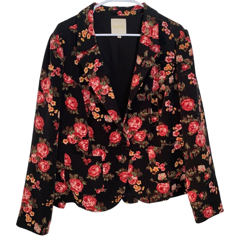 Modcloth Blazer Jacket Womens Plus Size 3x Black Red Floral 1 Button Cottagecore